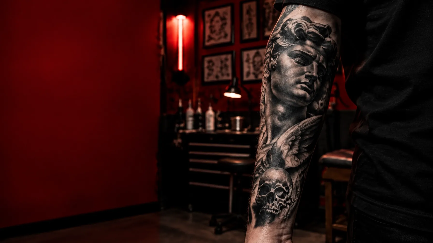Black and grey realism sleeve in the LS studio