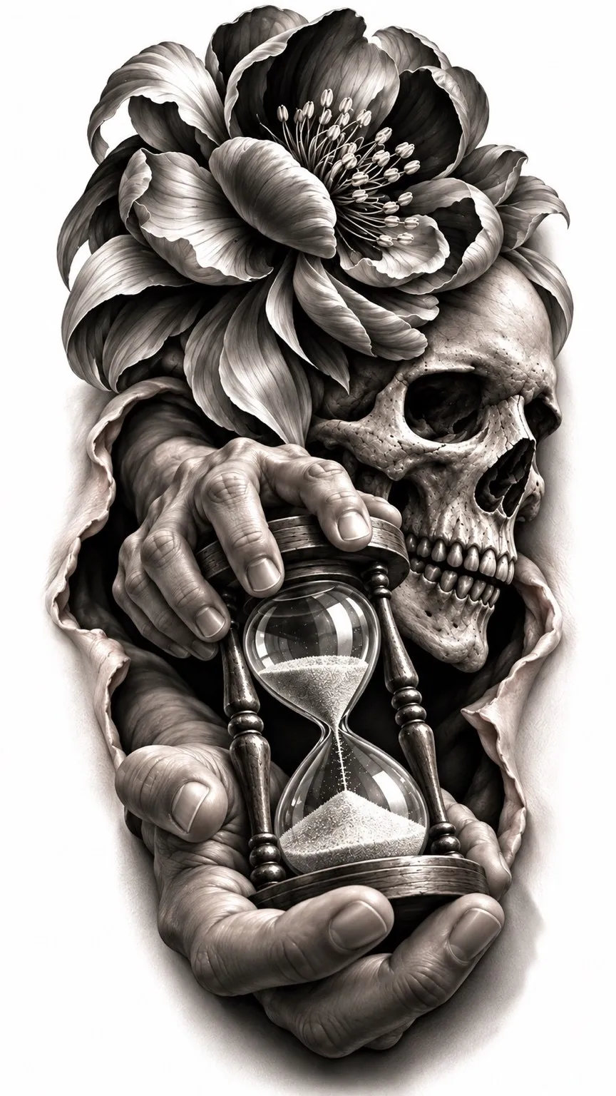 Skull, Peony & Hourglass, original LS tattoo concept