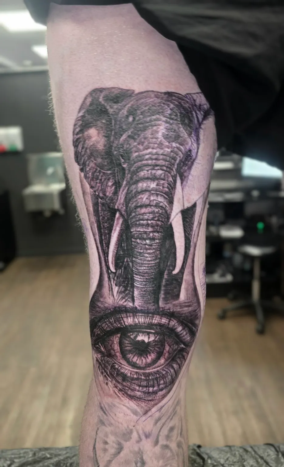 Elephant and eye realism tattoo by LS Tattoo Collective